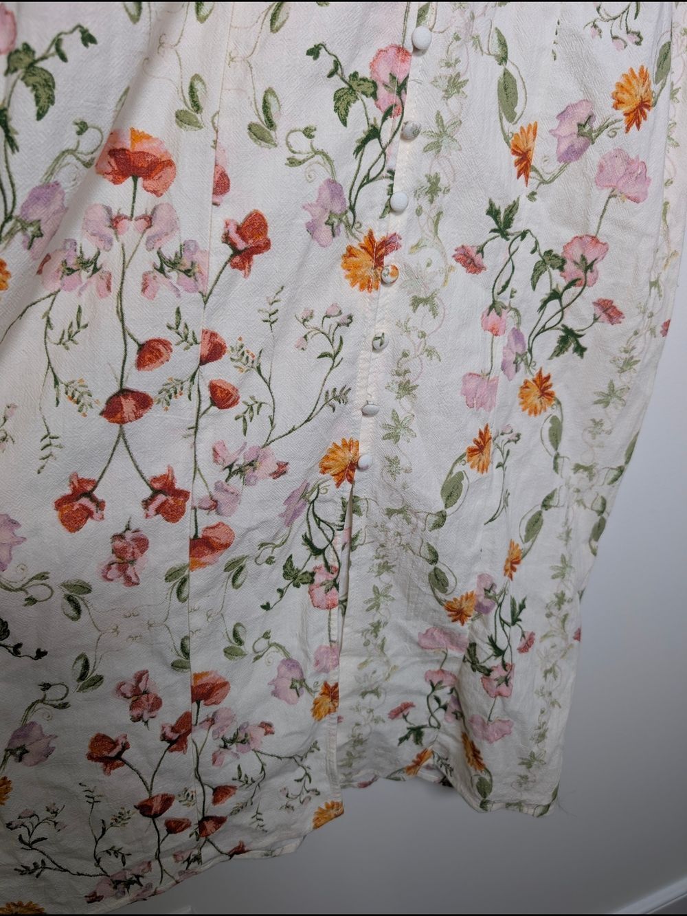 H&M Floral Cotton Midi Dress XS Puff Sleeve Cottagecore Button Front White - Picture 11 of 12